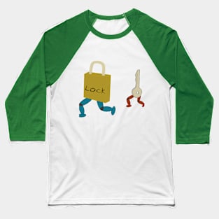 Illustration of a key chasing a lock Baseball T-Shirt